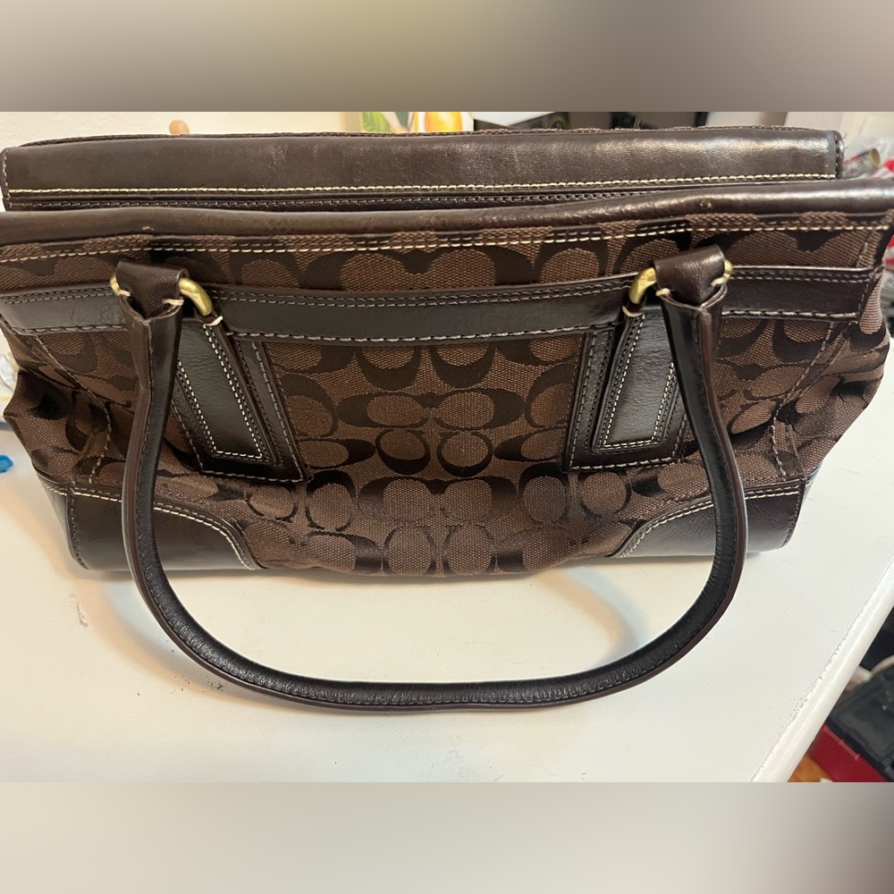 COACH 11063 Hamptons Signature Brown Leather & Logo Jacquard Satchel. - Picture 6 of 8